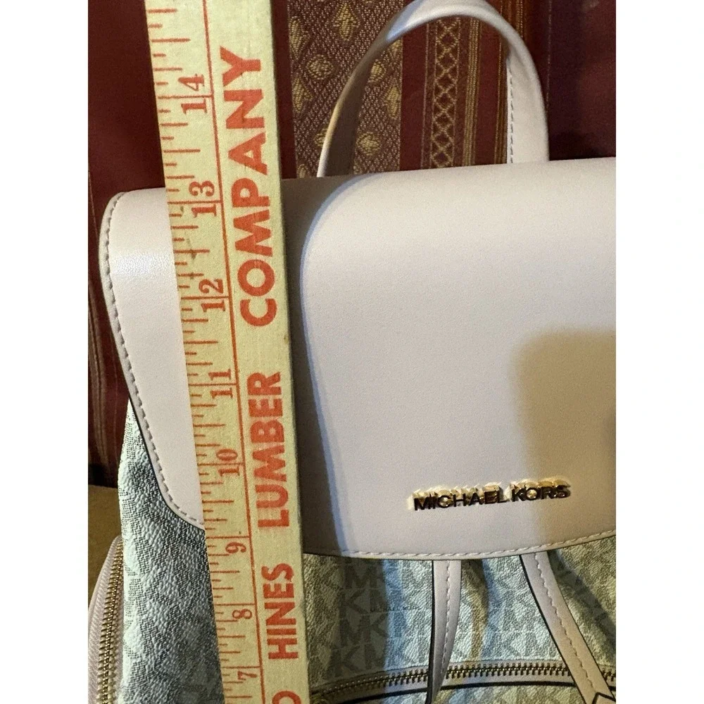 Michael Kors Abbey Medium Backpack Vanilla MK Logo Blush Pink Leather Gold Chain